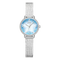 Silver watch with a blue face featuring star designs on a white background