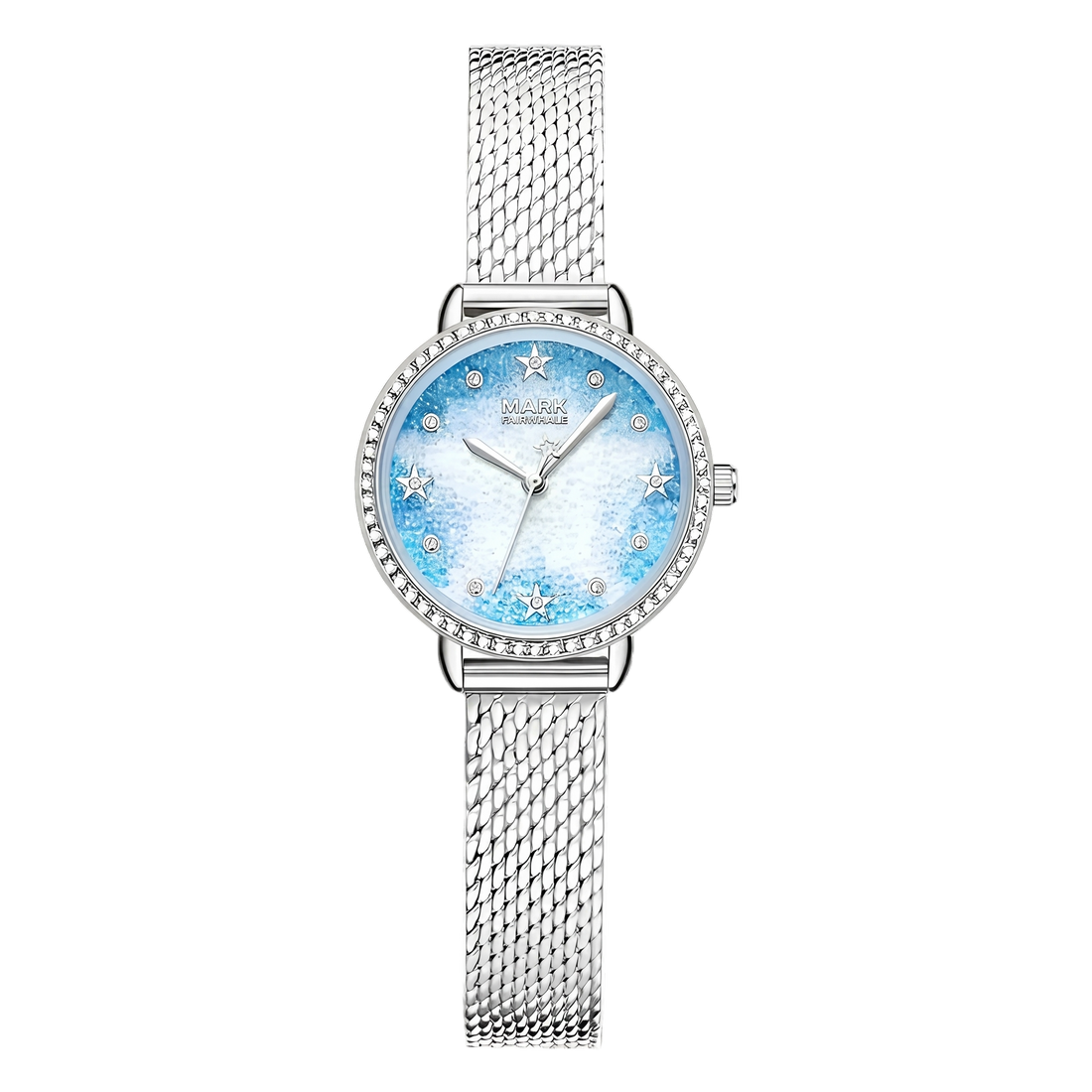 Silver watch with a blue face featuring star designs on a white background