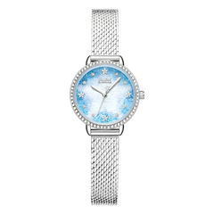 Silver watch with a blue face featuring star designs on a white background