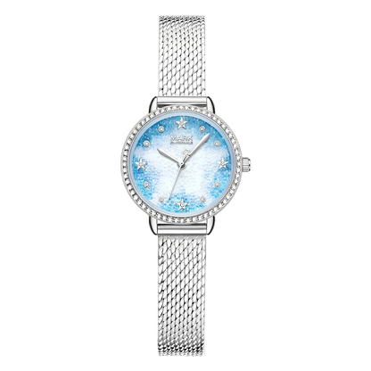 Silver watch with a blue face featuring star designs on a white background