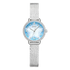 Silver watch with a blue face featuring star designs on a white background