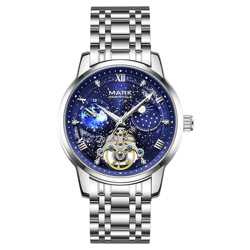 Silver watch with a blue face on a white background