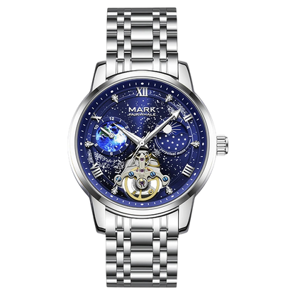 Silver watch with a blue face on a white background