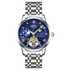 Silver watch with a blue face on a white background