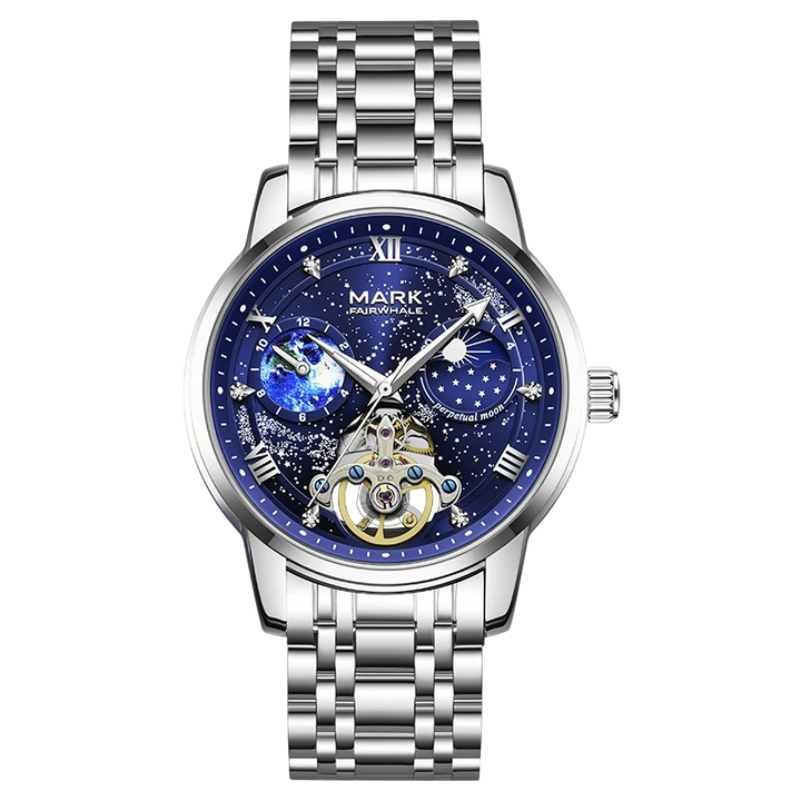 Silver watch with a blue face on a white background
