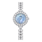 Silver watch with a blue face and crystal embellishments on a white background