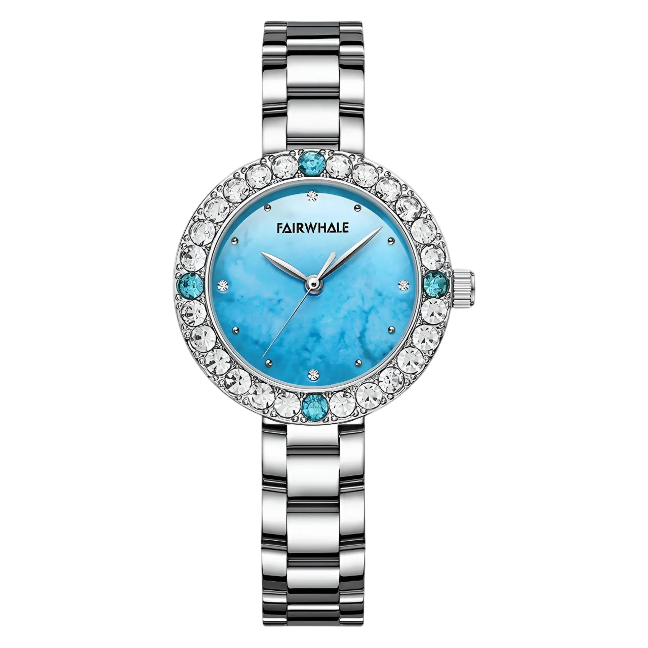 Silver watch with a blue face and gemstone accents on a white background