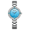 Silver watch with a blue face and gemstone accents on a white background