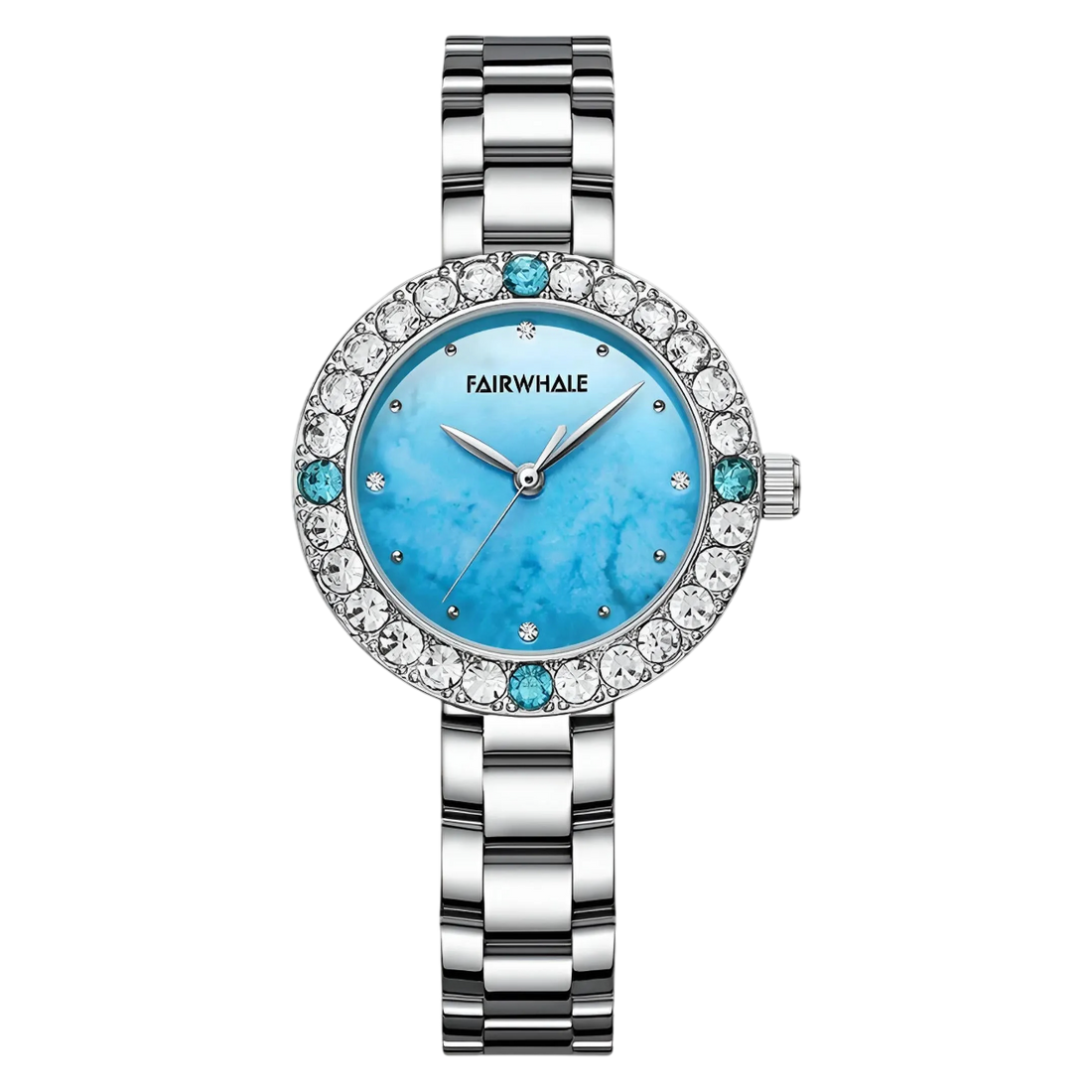 Silver watch with a blue face and gemstone accents on a white background