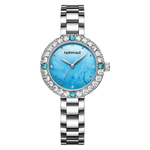 Silver watch with a blue face and gemstone accents on a white background