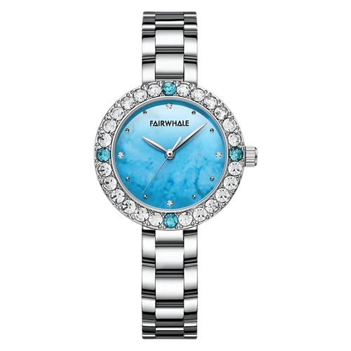 Silver watch with a blue face and gemstone accents on a white background