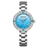 Silver watch with a blue face and gemstone accents on a white background