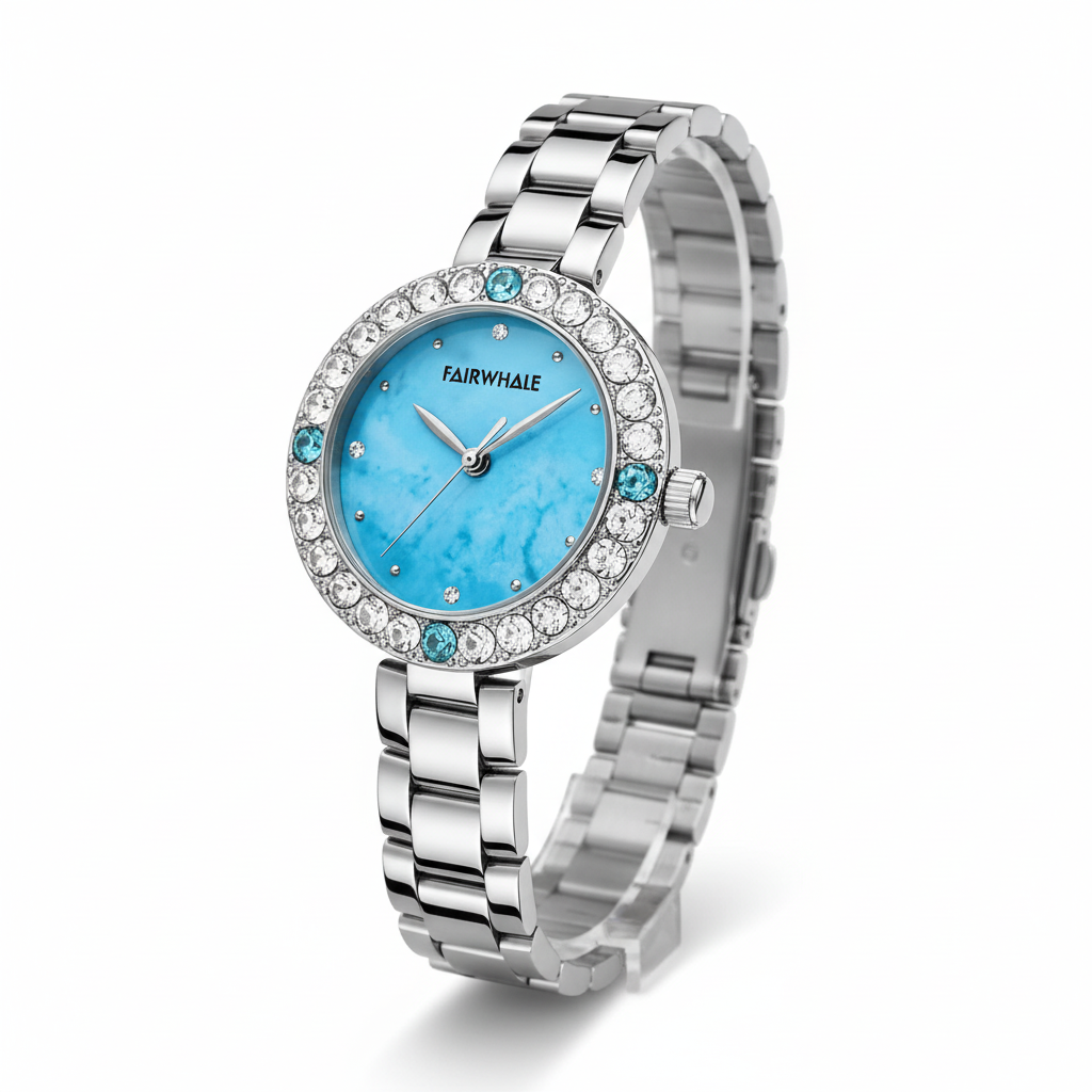 Silver watch with a blue face and gemstones on a white background