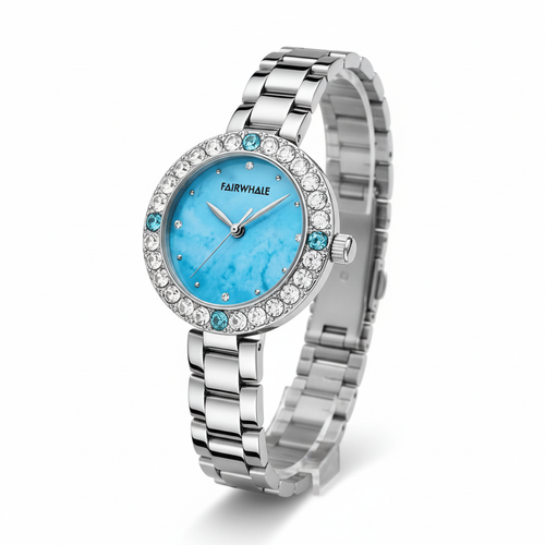 Silver watch with a blue face and gemstones on a white background