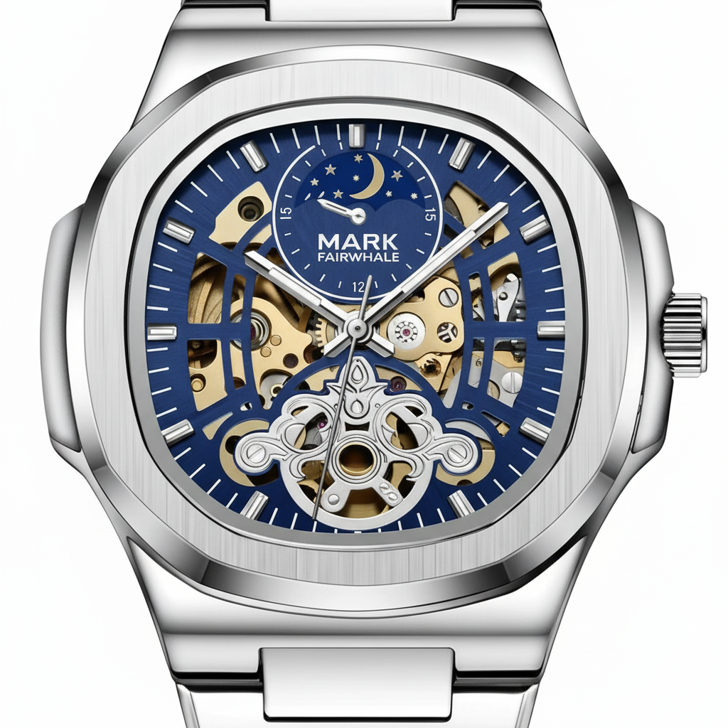 Silver watch with a blue face and visible mechanical components on a white background