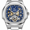 Silver watch with a blue face and visible mechanical components on a white background