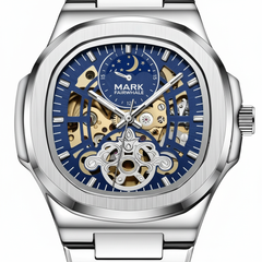 Silver watch with a blue face and visible mechanical components on a white background