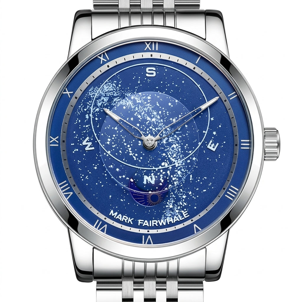 Silver watch with a blue face featuring star constellations on a white background