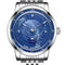 Silver watch with a blue face featuring star constellations on a white background