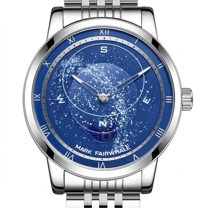 Silver watch with a blue face featuring star constellations on a white background