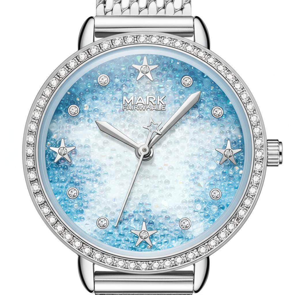 Silver watch with a blue face featuring stars on a white background
