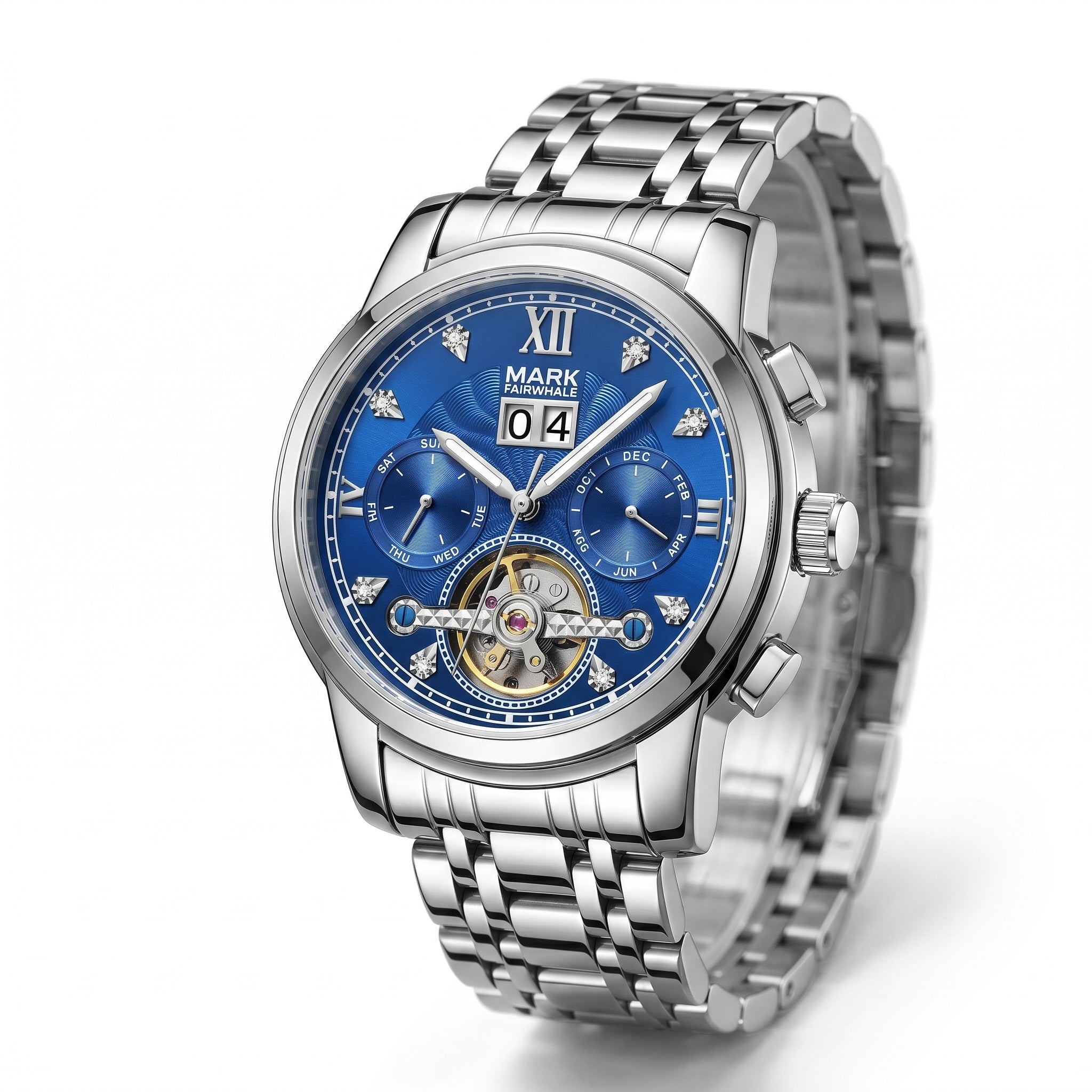 Silver watch with a blue face on a white background