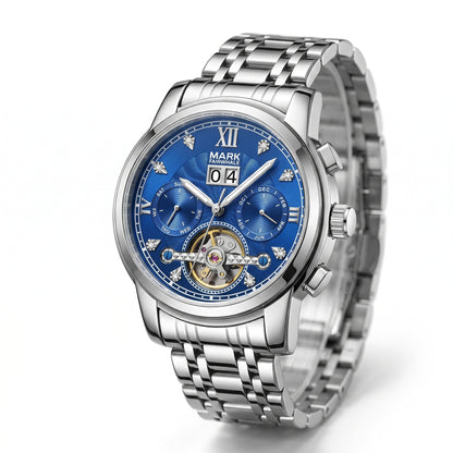 Silver watch with a blue face on a white background