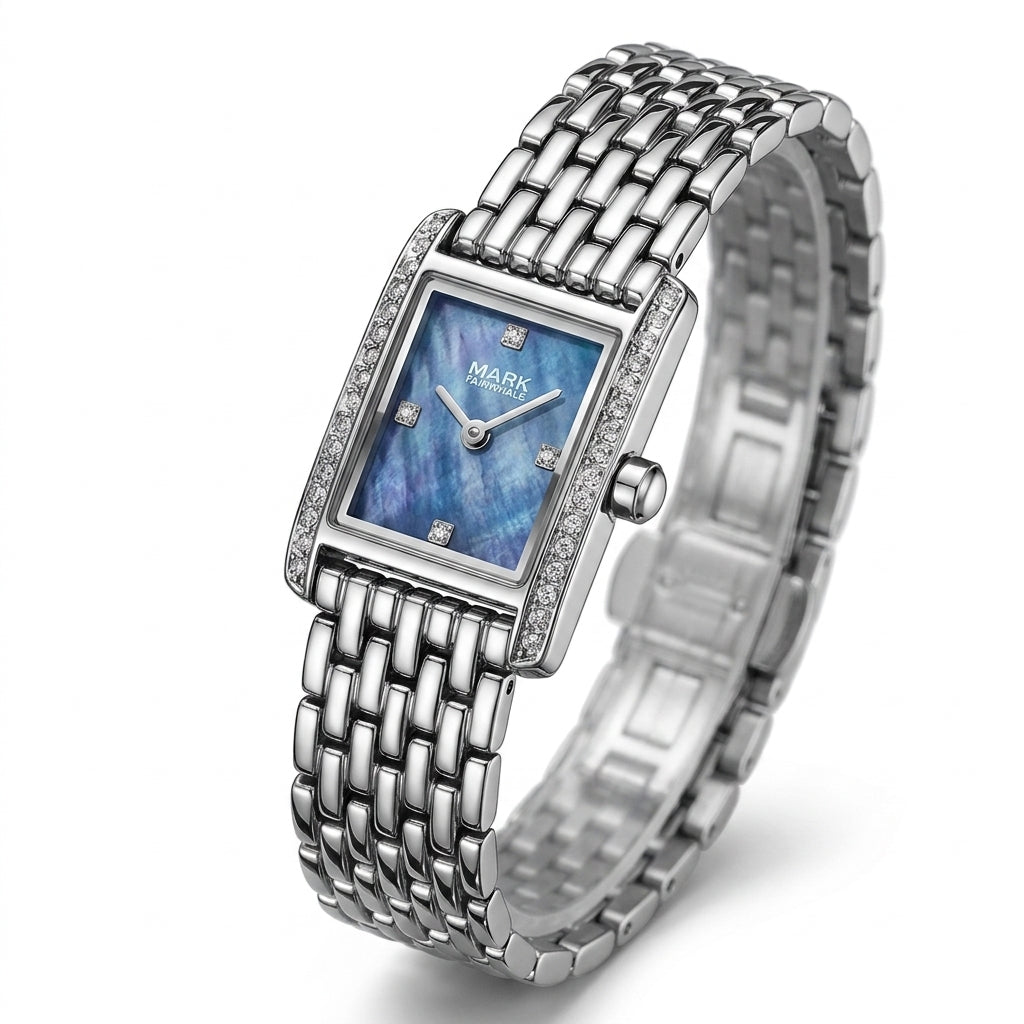 Silver watch with a blue face on a white background