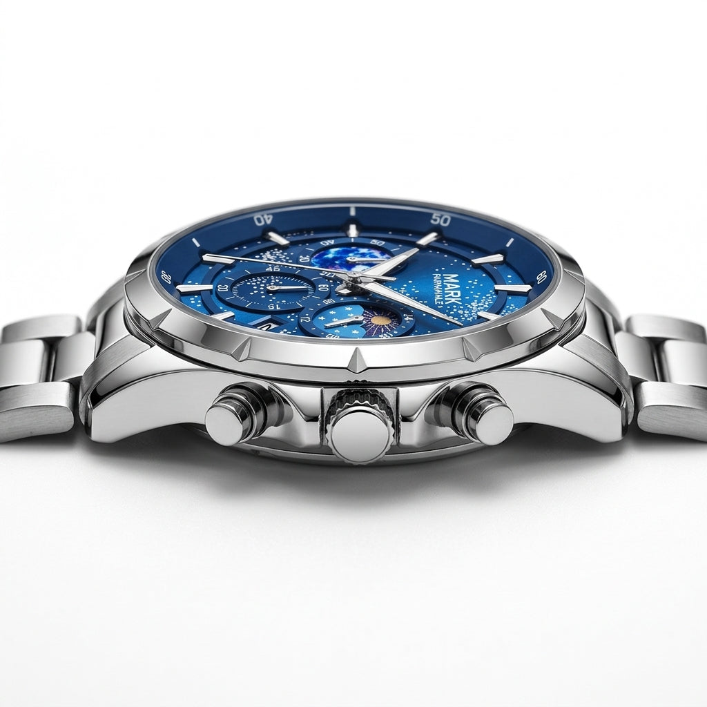 Silver watch with a blue face on a white background