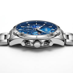 Silver watch with a blue face on a white background
