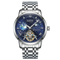 Silver watch with a blue face on a white background