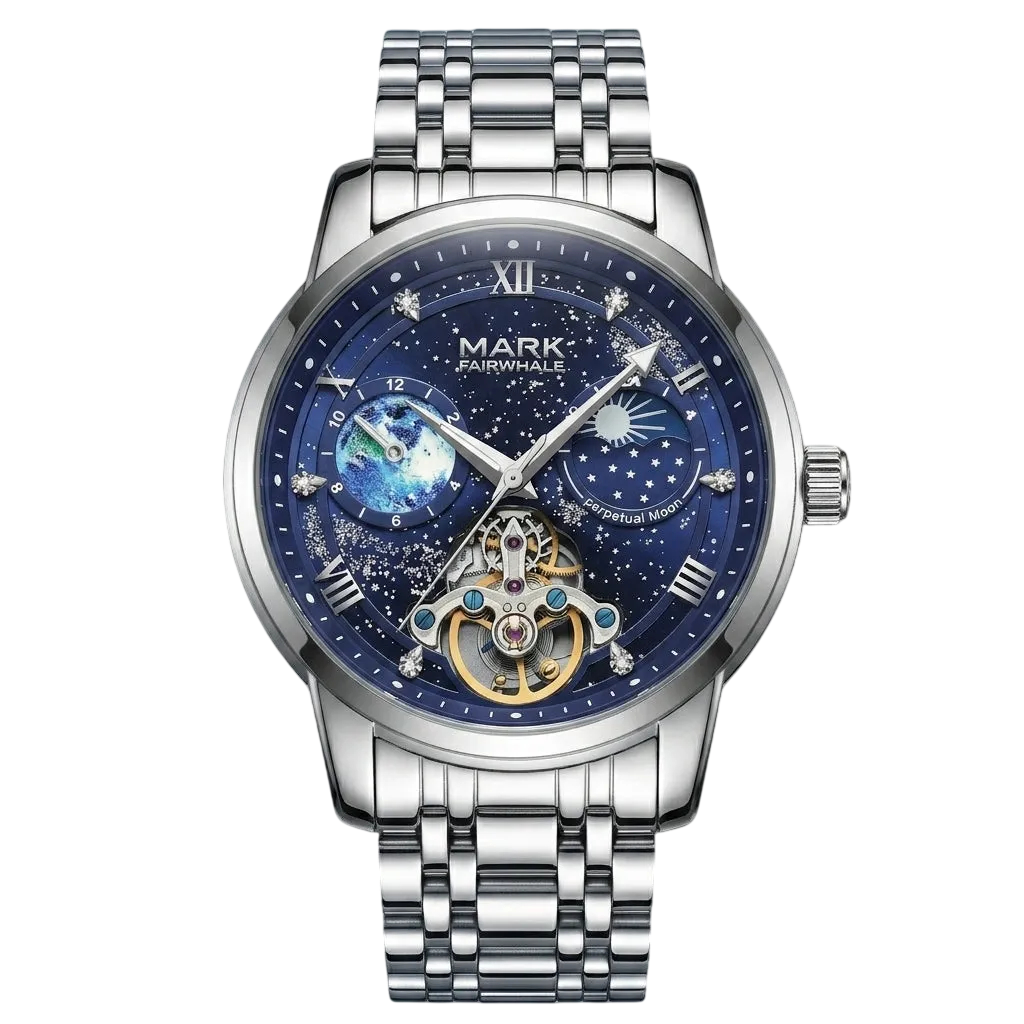 Silver watch with a blue face on a white background