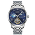 Silver watch with a blue face on a white background