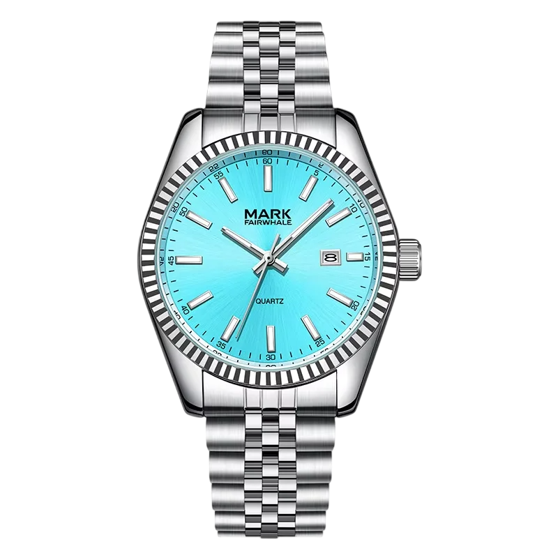 Silver watch with a blue face on a white background