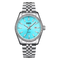 Silver watch with a blue face on a white background