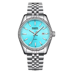 Silver watch with a blue face on a white background