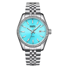 Silver watch with a blue face on a white background