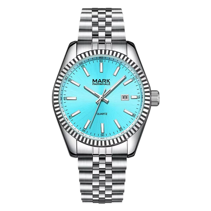 Silver watch with a blue face on a white background