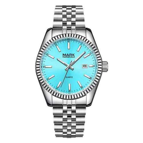 Silver watch with a blue face on a white background