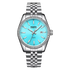 Silver watch with a blue face on a white background