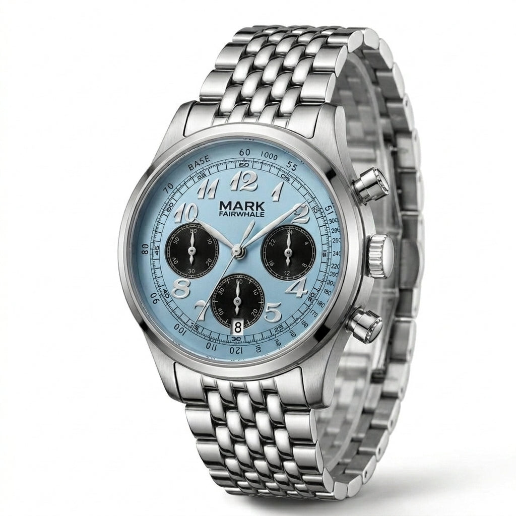 Silver watch with a blue face on a white background