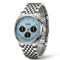 Silver watch with a blue face on a white background
