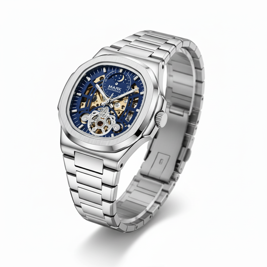 Silver watch with a blue face on a white background