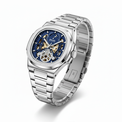 Silver watch with a blue face on a white background
