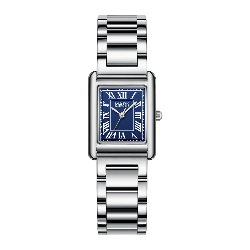 Silver watch with a blue face on a white background