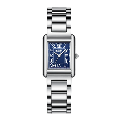 Silver watch with a blue face on a white background