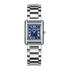 Silver watch with a blue face on a white background