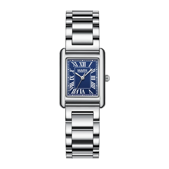Silver watch with a blue face on a white background