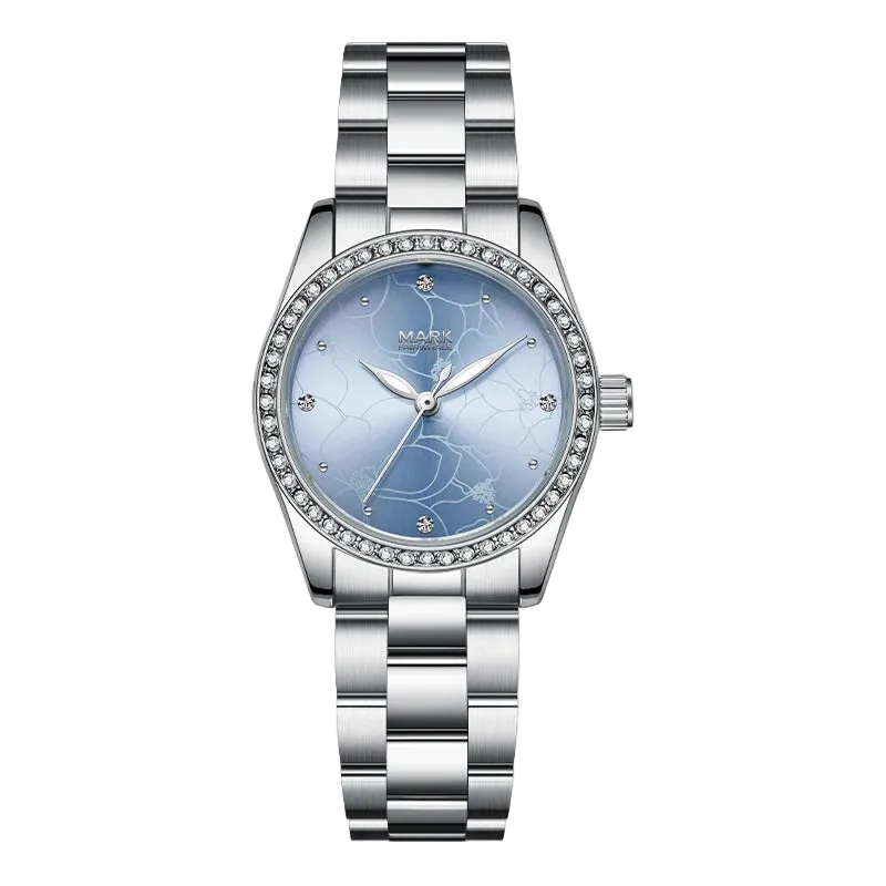 Silver watch with a blue face on a white background