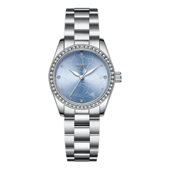 Silver watch with a blue face on a white background